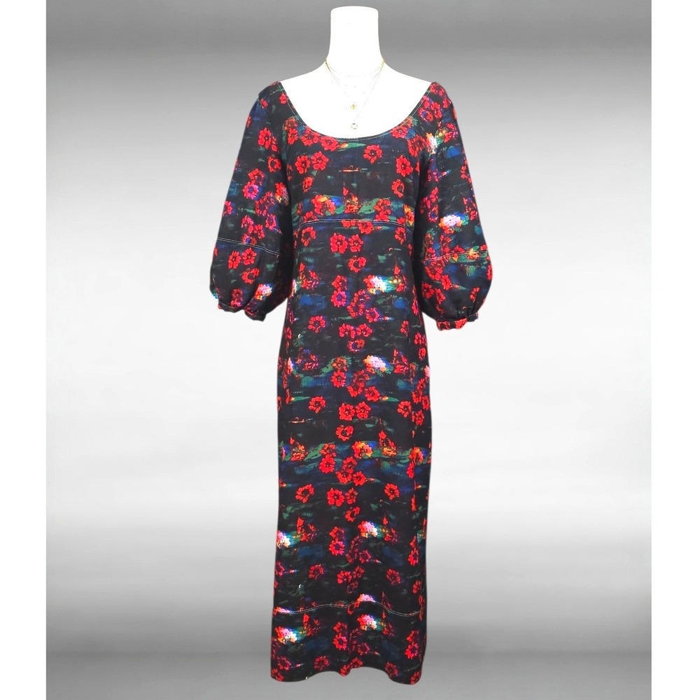 Eclectic Boho Black Red Floral Puff Sleeve Empire Waist Maxi Dress Womens 8